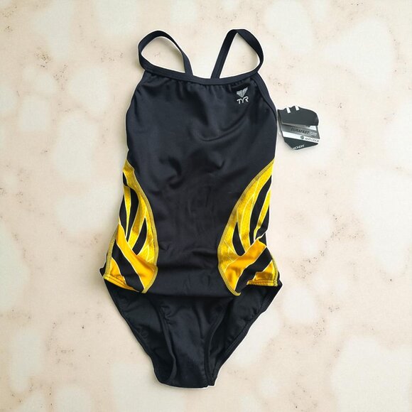 TYR Girl's Phoenix Black Yellow One Piece Swimsuit Bathing Suit Sz 30 / US Small - Picture 1 of 7